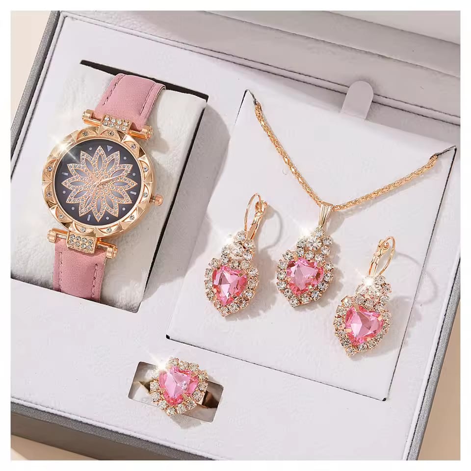 Luxury Pink Heart Jewelry Set for Women – Watch, Necklace, Earrings & Ring