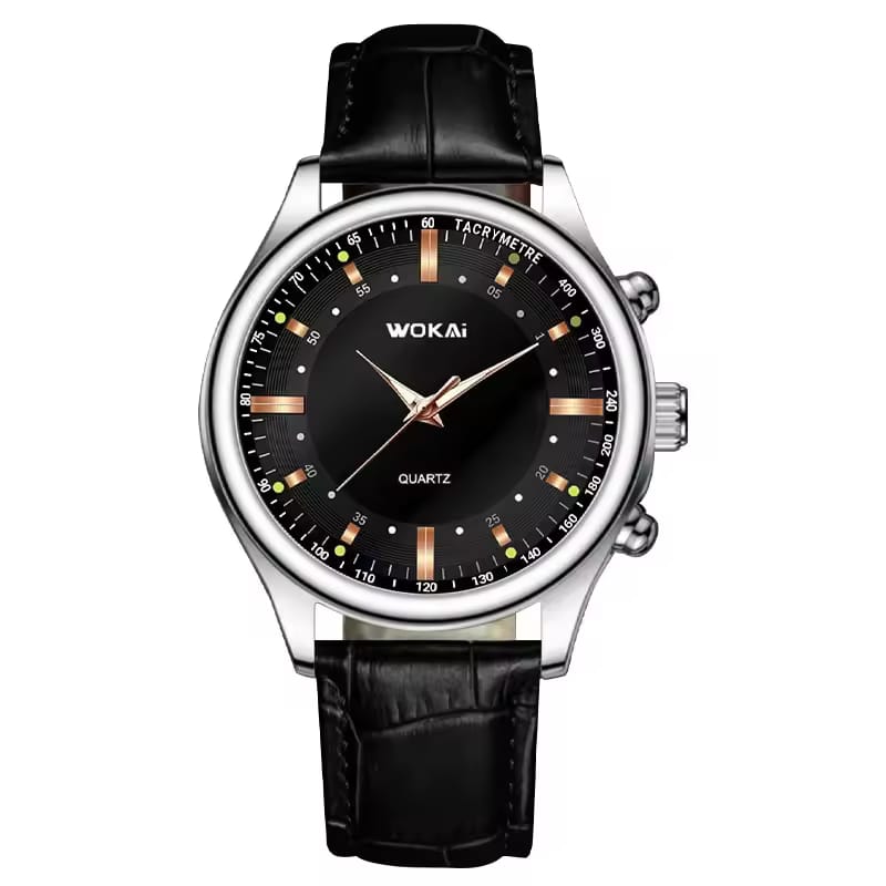 “WOKAi Classic Men’s Watch – Black Dial & Leather Strap, Elegant & Timeless ⌚”